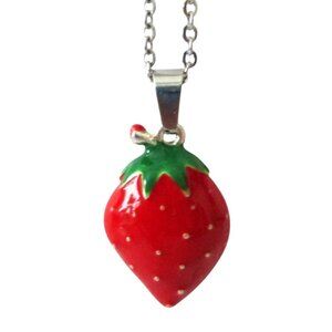 New Strawberry Pendant Necklace on 19" Chain - Red Berry Enamel Jewelry Gift